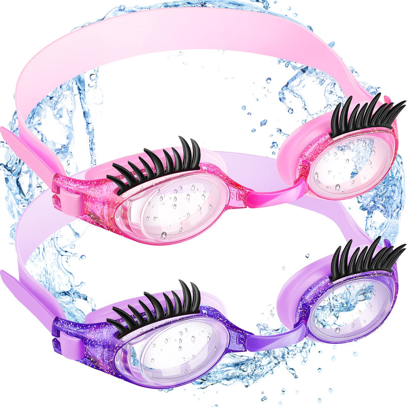 Konohan 2 Pieces Kids Swim Goggles Eyelashes Girls Funny Swim Goggle No Slip Leak Anti Fog UV Glasses for Lash Extensions 1 Purple, Dark Pink