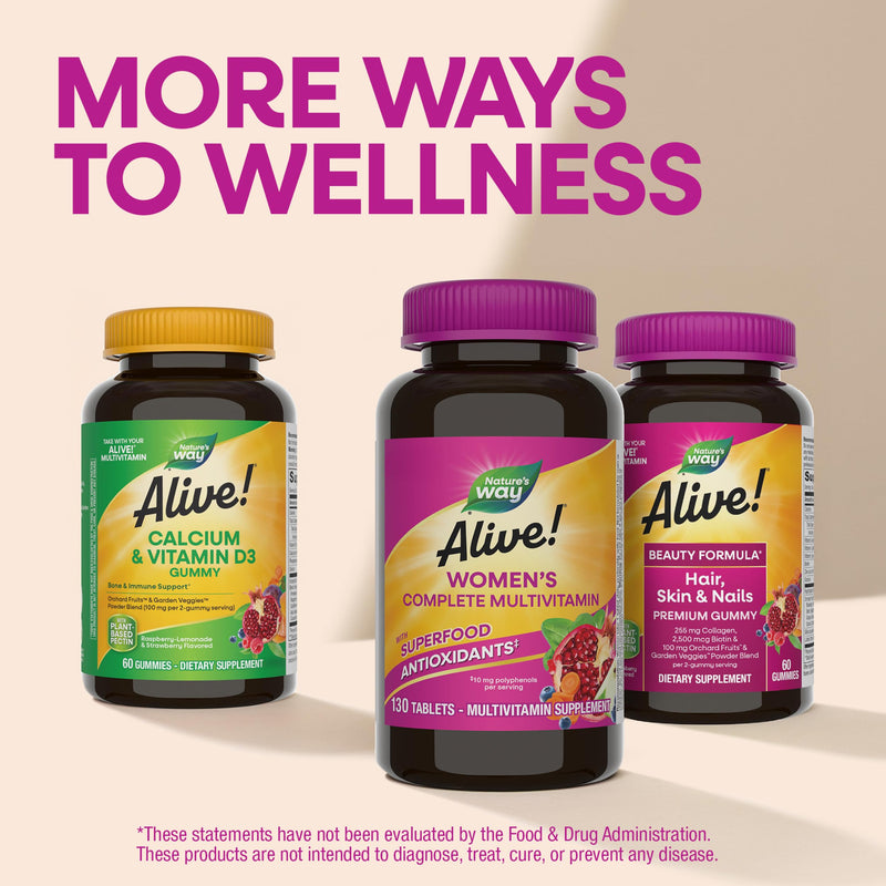 Nature's Way Alive! Complete Multivitamin for Women, Daily Vitamin, 130 ct | Women’s Vitamin Tablets Supports Cellular Energy Metabolism, Hair, Skin & Nails*, B-Vitamins, with Superfood Antioxidants 130 Count (Pack of 1)