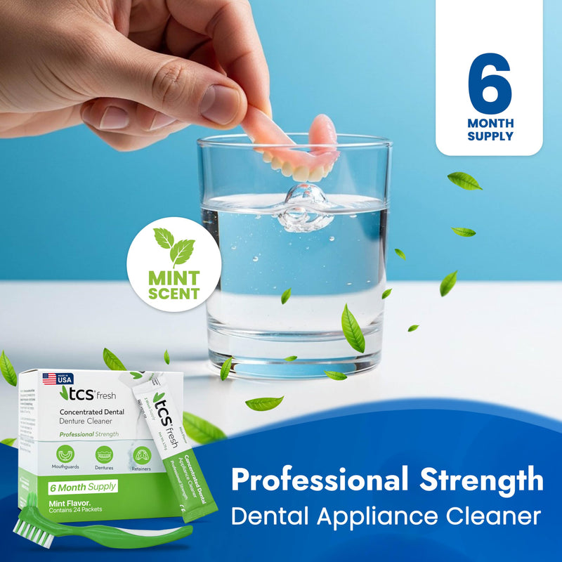 TCS Fresh Concentrated Dental Appliance Cleaner Set, Professional Denture and Retainer Cleaner Powder with Soft Bristle Brush (24 Packets, 6 Month Supply, Mint Flavor) Cleaner Powder with Bristle Brush (24 Packets) - BeesActive Australia