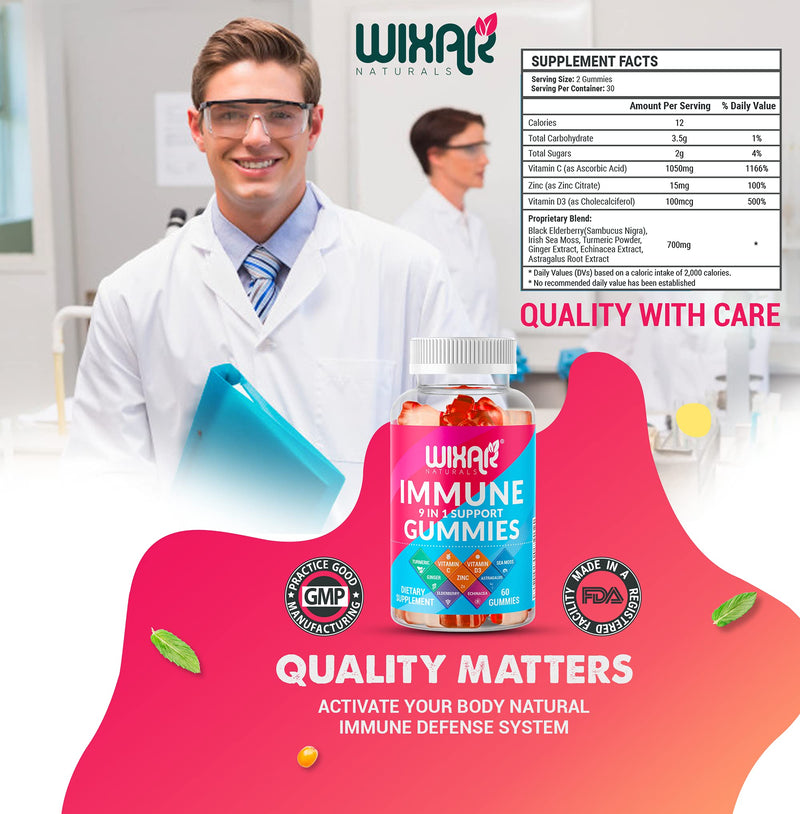 WIXAR NATURALS 9 in 1 Immune Support Gummies with Elderberry, Vitamin C&D, Zinc, Turmeric, Ginger, Echinacea, Astragalus & Sea Moss for Immunity Supplement - 60 Gummies