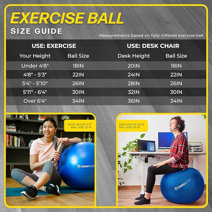 URBNFit Balance Ball, 21.7 / 25.6 / 29.5 inches (55/65/75 cm), Exercise Ball for Sports, Yoga, Pilates, Fitness, Balance Ball Chair, Anti-Burst Design, Includes Air Pump - BeesActive Australia