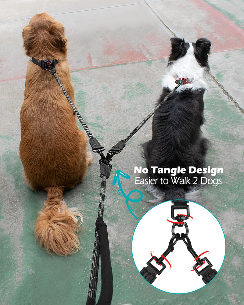 PetBonus Rope Double Dog Leash, No Tangle Dual Dog Leash, Reflective Walking Training Lead with Two Comfortable Padded Handles, 2 Dog Leash Coupler for Medium Large Dogs (1/2” x 6.5FT, Black) 1/2" x 6.5 FT (50~180 lbs.) - BeesActive Australia