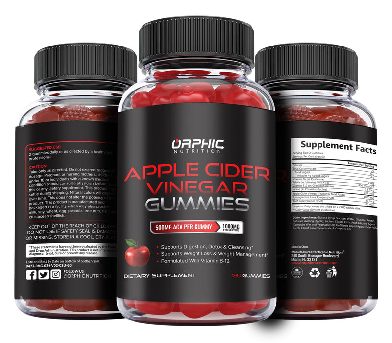 ORPHIC NUTRITION Apple Cider Vinegar Gummies 1000mg - Unfiltered ACV with Vitamin B12, Beetroot & Pomegranate (120 pcs) 120 Count (pack of 1)