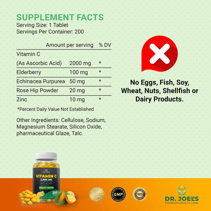 Dr. JOEL'S Immune Support Vitamin C 2000 mg - 200 Tablets - with Zinc, Elderberry, Rose Hip, Echinacea - Boosts Immune System- Made in USA 200 Count (Pack of 1)