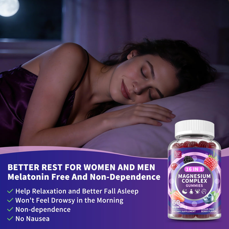 2 Packs-Magnesium Complex Gummies for Women Men，16 in 1 Magnesium supplement Gummy with Bisglycinate Citrate Malate Taurate - Ashwagandha, L-Theanine for Relaxation, Sleep, Muscle&Heart Support, Berry 60 Count (Pack of 2)