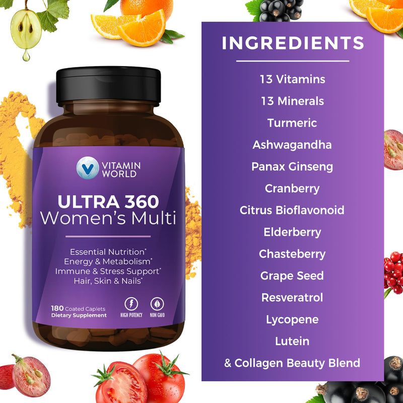 Vitamin World Ultra 360 Multivitamin for Women, Hair, Skin & Nails Support | Women's Multivitamin with Herbs & Collagen, Iron, Vitamin A, B, C, D, E for Energy & Immune Support, 180 Caplets 180 Count (Pack of 1)