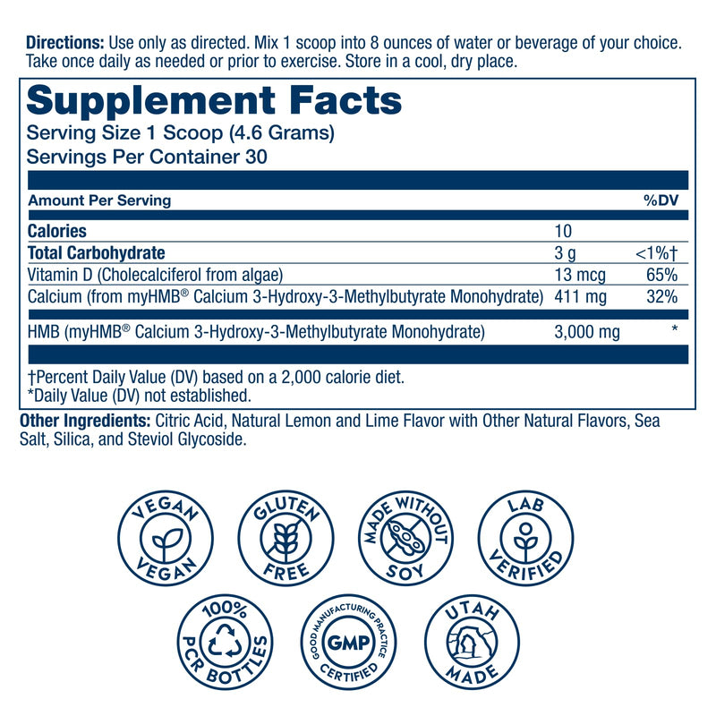 SOLARAY HMB Plus D3 - HMB Supplements for Men and Women with Vitamin D3 - Hydroxymethylbutyrate Calcium Supplement for Muscle Strength - Natural Lemon Lime Powder - 30 Servings, 4.9 OZ