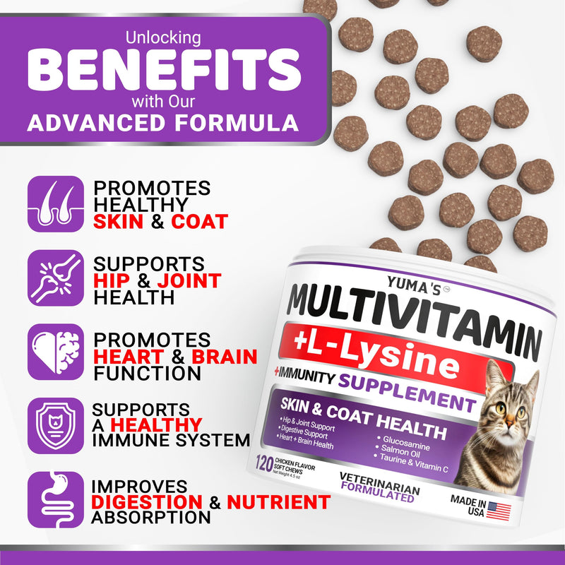 Cat Multivitamin Chews - Cat Vitamins and Supplements - Taurine & Lysine for Cats - Omega-3, Glucosamine, Cranberry - Skin & Coat, Hip & Joint Support - Immune Health, Skin, Heart, Digestion Cat Multivitamin 120 Chews