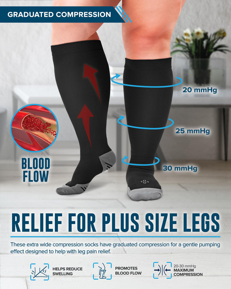 Doctor's Select 3 Pairs Plus Size Compression Socks Wide Calf - Up to 6XL | 20-30 mmHg Extra Wide Calf Compression Socks Women | Black 3 Pairs - Black 3X-Large - BeesActive Australia