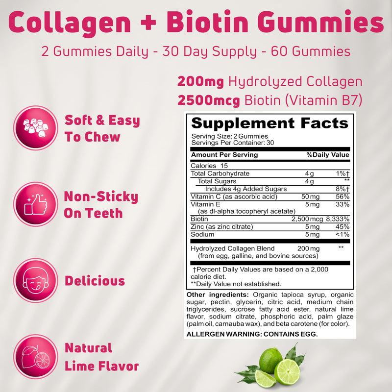 Collagen Gummies with Biotin 2500mcg - Hair Skin Nails & Joint Support - 60 Count (30 Servings) - Hydrolyzed Bovine Collagen with Vitamin C, E & Zinc - Gluten Free, Non-GMO - for Women & Men