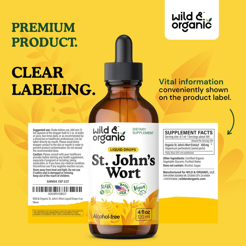 Wild & Organic St Johns Wort Tincture - Mood Support - Calming St John's Wort Supplement - Hypericum Perforatum Herbal Liquid Drops - Vegan, Sugar & Alcohol Free - 4 fl oz 4 Fl Oz (Pack of 1) - BeesActive Australia