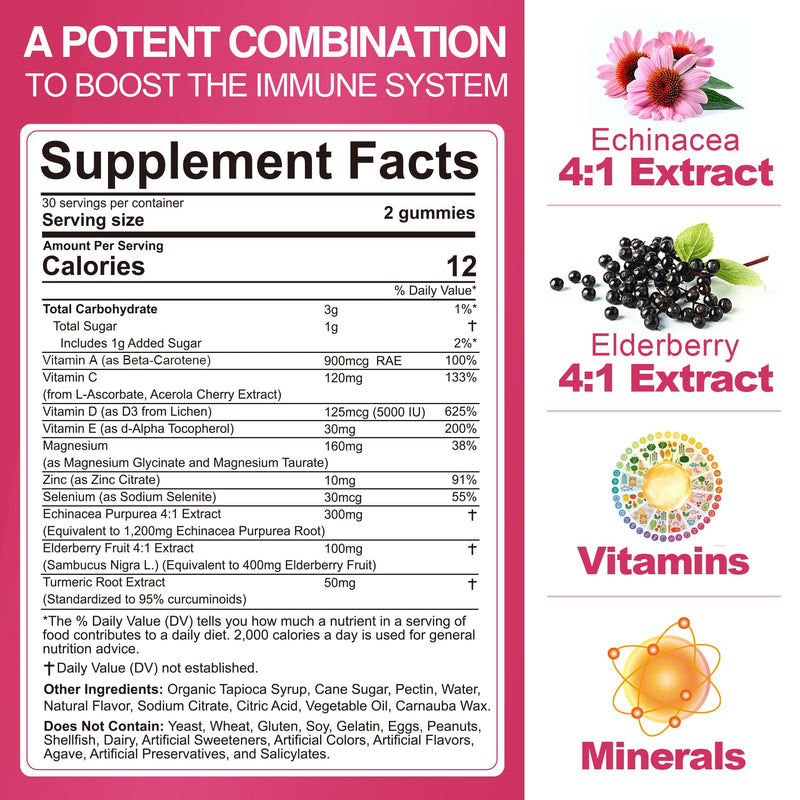 Immune Support Supplement Gummies, w/Echinacea, Elderberry, Vitamin C, Zinc | 10 IN 1 Daily Immune Booster Multivitamin, w/Vitamin D3 5000IU, Magnesium, Selenium, for Antioxidant Bone Energy, 1 Pack 60 Count (Pack of 1)