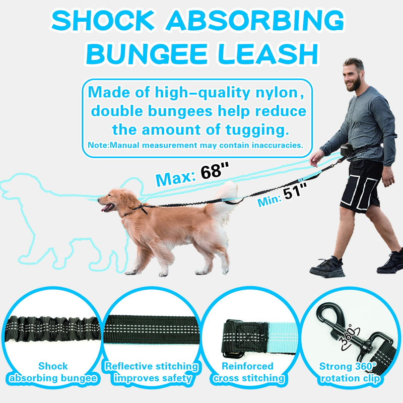 Hands Free Dog Leash with Zipper Pouch, Dual Padded Handles Running Leash for Medium and Large Dog, Retractable Bungee Waist Dog Leash for Walking Hiking Running Black - BeesActive Australia