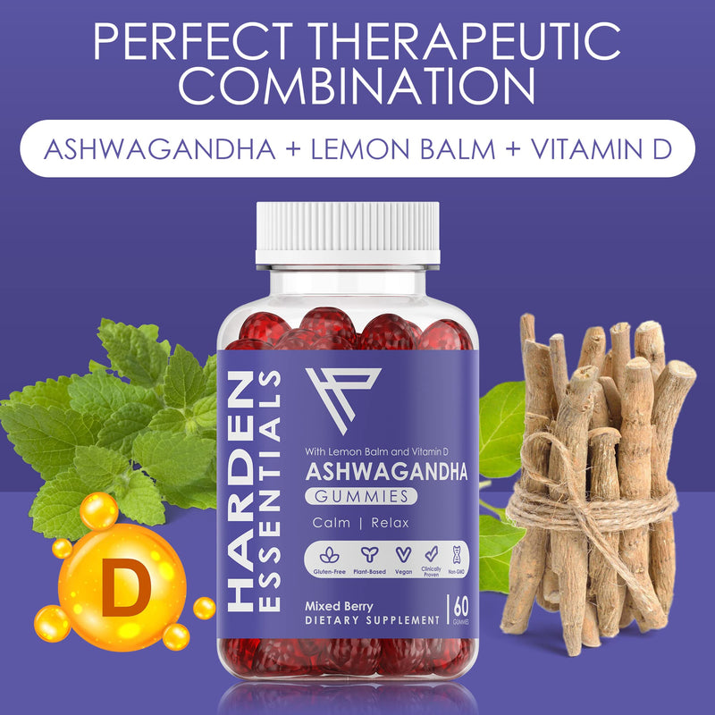 KSM-66 Ashwagandha Gummies 750mg Per Gummy – 1,500mg Per Serving – Stress & Cortisol Support – with Lemon Balm & Vitamin D – 60 Count (30 Day Supply) – Vegan – Harden Essentials