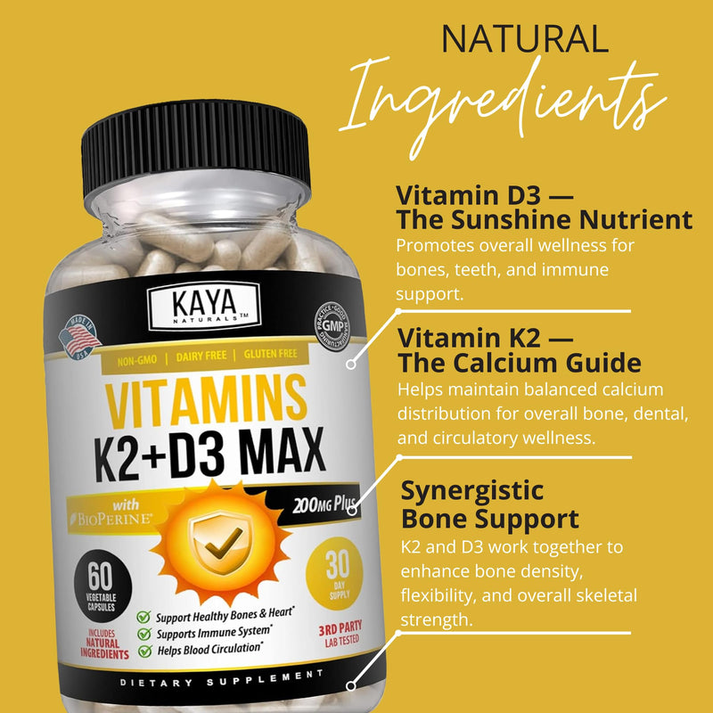 Kaya Naturals Vitamins K2 with D3 5000IU Supplement for Men and Women - Easy to Swallow - Bioperine Capsules (60 Count (Pack of 1) 60 Count (Pack of 1)