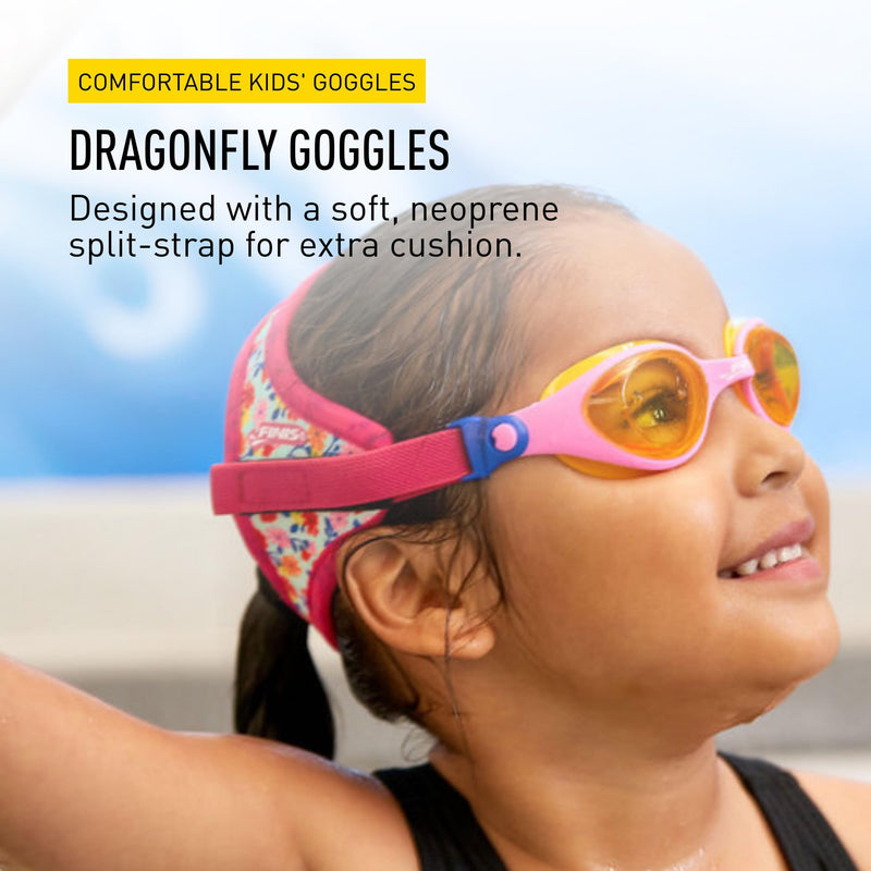 FINIS DragonFly Kids Swim Goggles - Ages 3-8 - UV Protection - Floating Neoprene Strap - Soft Silicone Fit - Flower Power - BeesActive Australia