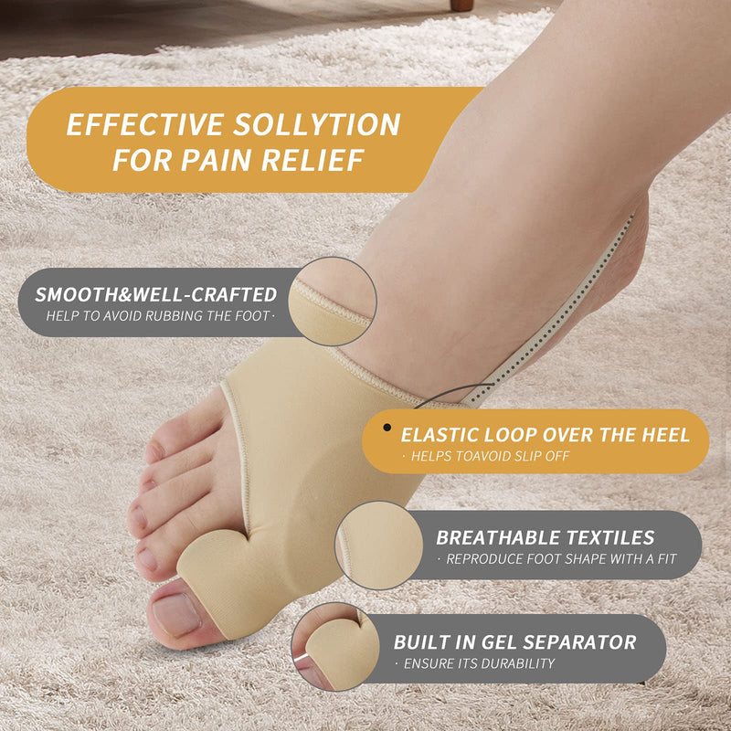 KTSAY 2PCS Bunion Corrector for Women & Men, Big Toe Straightener with Splint & Pads, Comfortable & Breathable for Day/Night Support, Hallux Valgus Pain Relief Non-Slip Socks (2, Beige) 2