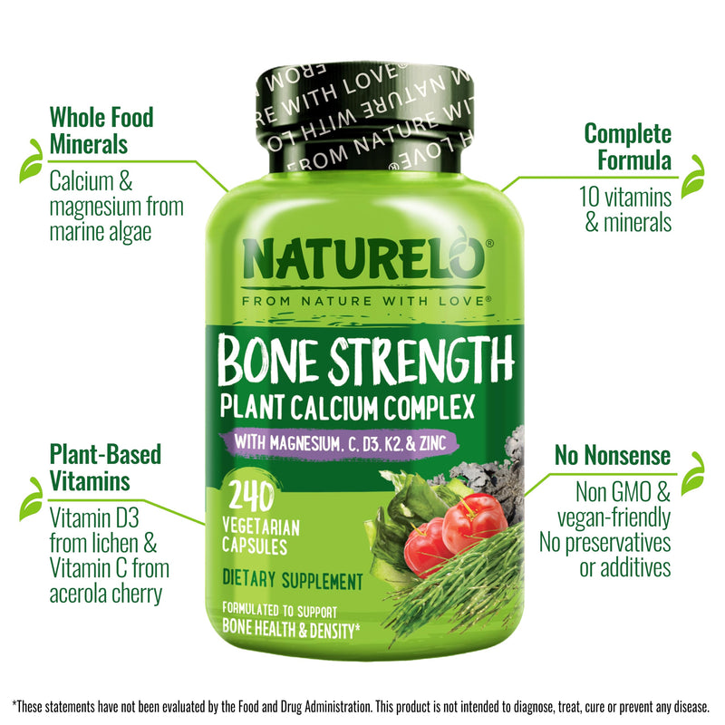 NATURELO Calcium Supplement with Vitamin C, D3, K2, 240 Vegetarian Capsules | Magnesium & Zinc for Bone Strength,Plant-Based Calcium 600mg , Non-GMO, Soy & Gluten-Free Unflavored 240 Count (Pack of 1)