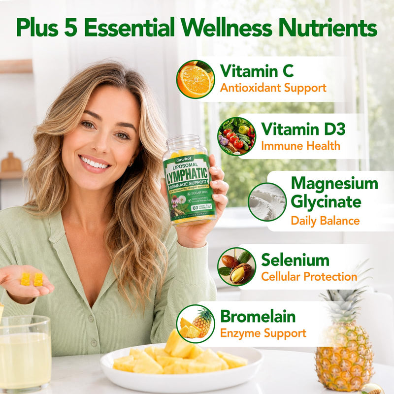 Liposomal Lymphatic Drainage Gummies, 16-in-1 Lymphatic Drainage Supplement | With Echinacea, Dandelion, Burdock Root, Vitamin C&D3, Sugar-Free Lymph & Immune Support, Pineapple, Vegan, 60 Ct