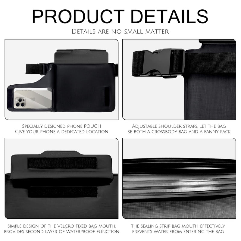 Waterproof bag Fanny Pack with Phone Case, Water proof Phone Pouch Dry Bag Keep Valuables Safe for iPhone Samsung, Adjustable Waist Strap and Screen Touch Sensitive for Swimming Boating Beach Fishing