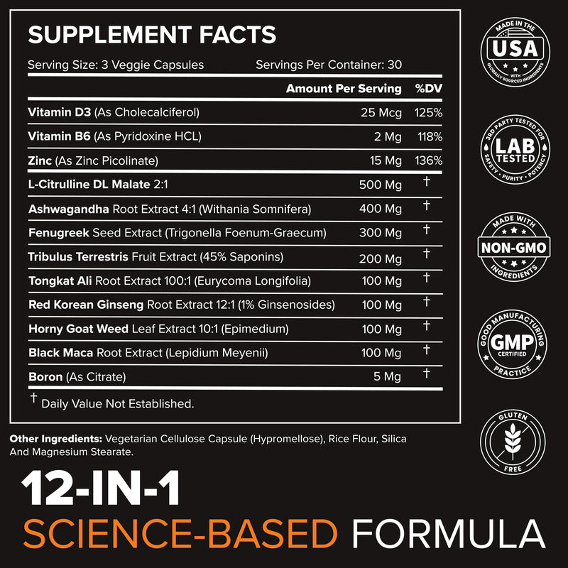 Peak Potential 12-in-1 Testosterone Support for Men | Fenugreek, Ashwagandha & Tongkat Ali - Natural Strength, Energy & Muscle Builder