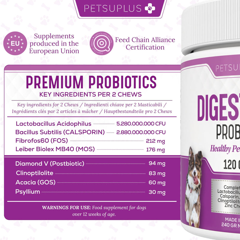 Dog Probiotics for gut health. Dog Probiotic Supplements. Pre and Probiotics for Dogs. Support digestive health, rebalance gut microbiome, aid digestion & boost the immune system. 120 Chews