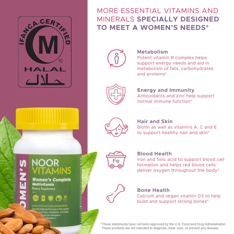 Noor Vitamins Halal Womens Multivitamin & Mineral I Once Daily Vitamin Supplement I Vegan | Supports Energy, Immunity, Metabolism, Healthy Appearance and Stages of Motherhood I 2-Month Supply
