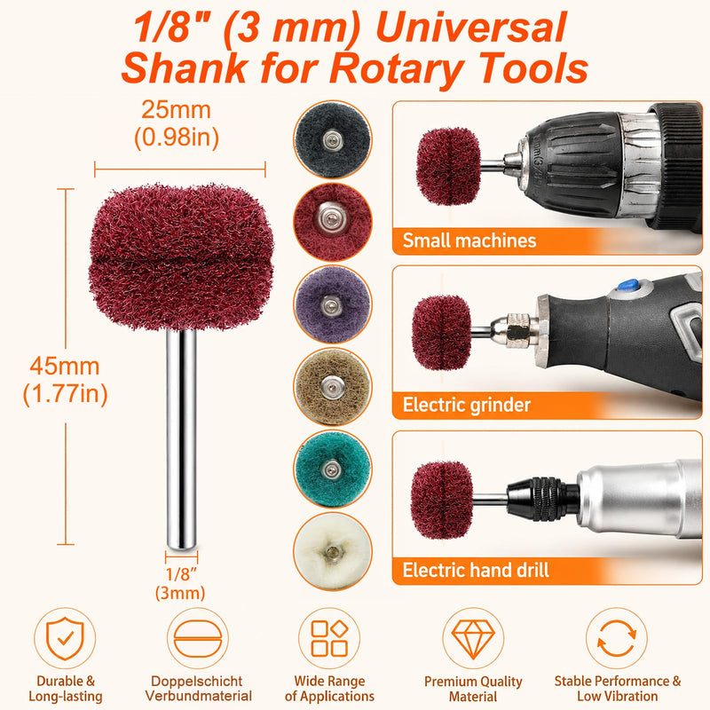 90-Piece Abrasive Buffing & Polishing Wheel Set - 1/8" Shank, 1" (25mm) 80-800 Grit, 15 Wool Felt Buffing Wheels, Rotary Tool Polishing Kit for Metal, Jewelry, Wood, Glass Mix 90Pcs