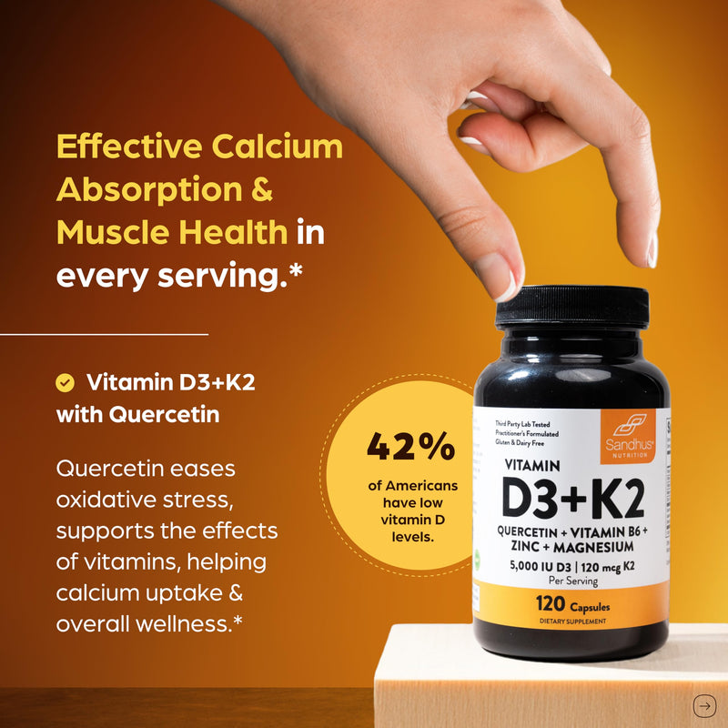 Vitamin D3 K2 5000 IU 120mcg Magnesium Zinc B6 Quercetin Capsules 240 Count | 6-in-1 D3+K2 Supplements Supports Bone, Immune, Energy And Muscle Health, Gluten-Free, 8-Month Supply, USA Made by Sandhu's 120 Count (Pack of 2) 5000 IU Capsules