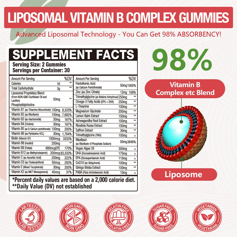 33-in-1 Liposomal Vitamin B Complex Gummies - B1, B2, B3, B4, B5, B6, B7, B8, B9, B12, Vitamin C, D3, K2, Calcium, Magnesium, Zinc for Energy, Brain, Immune, Skin Support & Heart Support 60 Count (Pack of 2)
