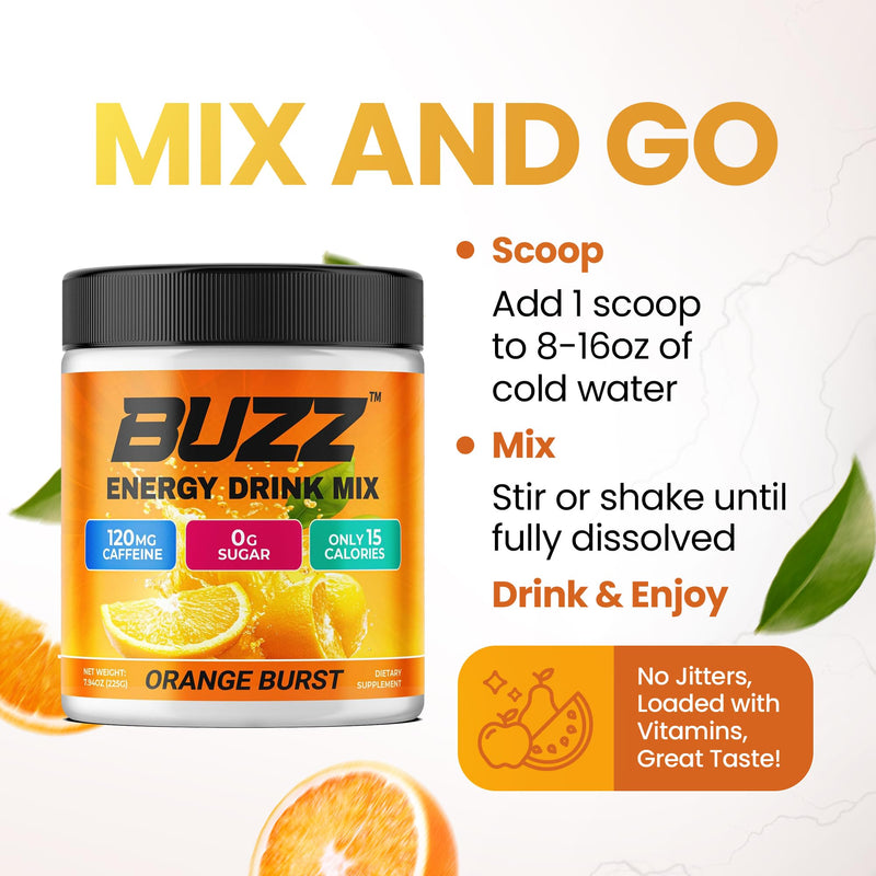 Sugar Free Energy Drink Powder, 18 Vitamins & Minerals, Orange Burst Flavor | Energy Drink Mix with amino acids for Pre Workout energy & focus, no jitters, no artificial dye, gluten-free, made in USA