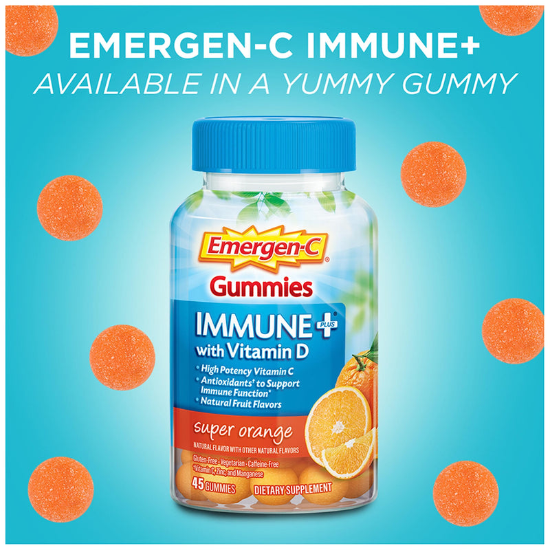 Emergen-C Immune+ Immune Gummies, Vitamin D plus 750 mg Vitamin C, Immune Support Dietary Supplement, Caffeine Free, Gluten Free, Super Orange Flavor - 45 Count - BeesActive Australia