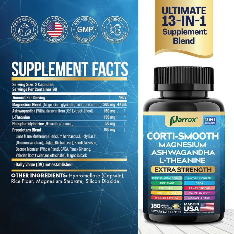 Cortisol Supplement, 11-in-1 Magnesium & Ashwagandha, Corti-Smooth, 180ct | Magnesium, L-Theanine, Ashwagandha, Magnolia Bark, Panax Ginseng, Bacopa, GABA, Lions Mane, Ginkgo Biloba 180 Count (Pack of 1)