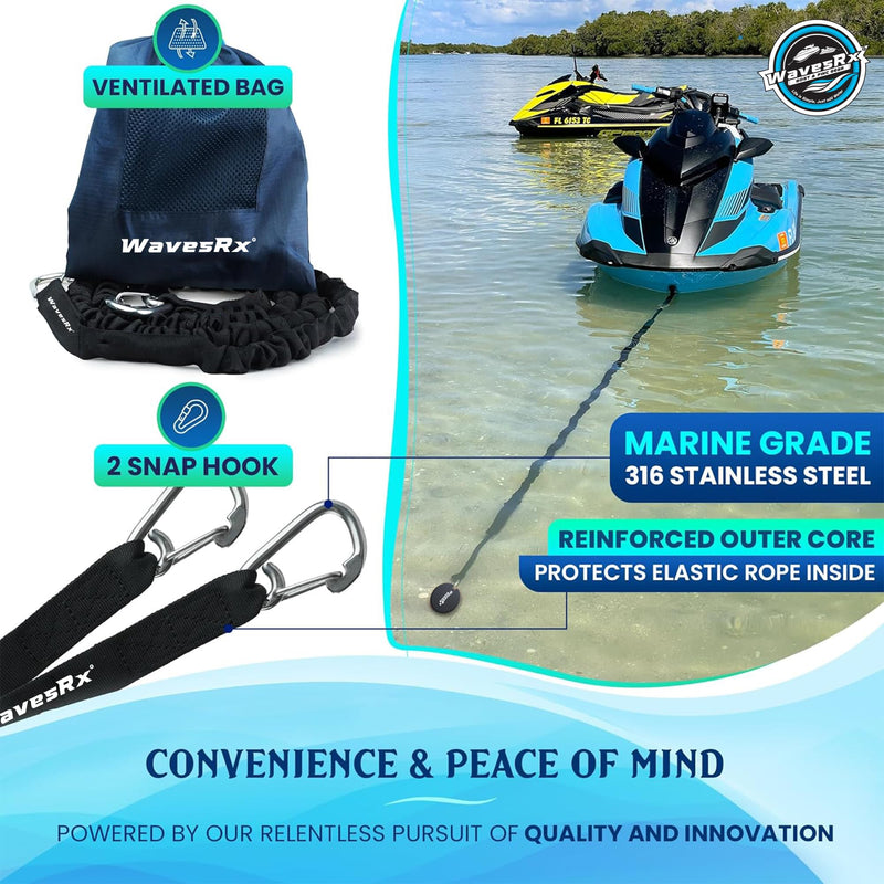 WAVESRX AnchorMate Bungee Line | Boat Bungee Dock Lines for Boats, PWCs & Kayaks | Absorbs Shock from Swells & Wind, Prevents Anchor Dislodging | Perfect for Anchoring, Mooring & Tethering 7-14 BLACK - BeesActive Australia