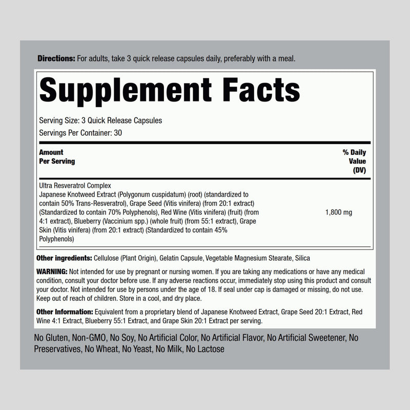 Piping Rock Resveratrol Complex 1800 mg | 90 Capsules | Ultra Potent | Non-GMO, Gluten Free Supplement 90 Count (Pack of 1) - BeesActive Australia