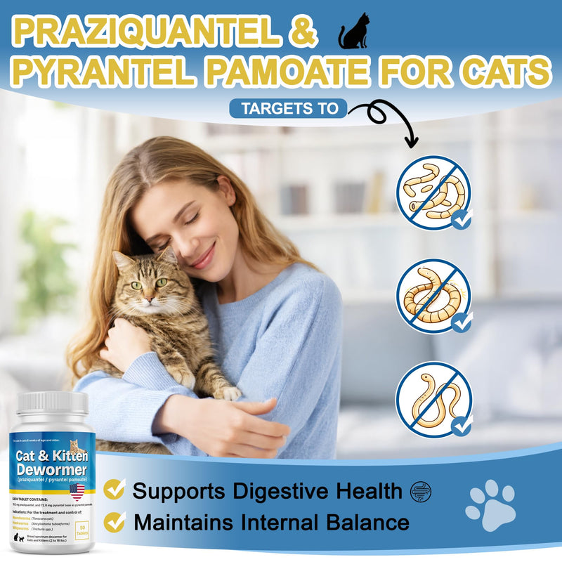 Praziquantel & Pyrantel Pamoate for Cats & Kittens, Dewo-mer for All Wormers, Tapeworms, Hookworms, Roundworms, Supports Digestive Health & Internal Balance, 50 Tablets