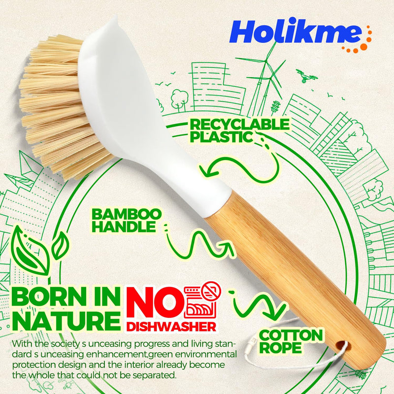 Holikme 3 Pack Dish Brush Set with Bamboo Handle, Kitchen Scrub Brush for Cleaning Dish, Pot, Sink and Stove, Skillet Scrubber with Tough Bristles for Cast Iron Grill Pan, Yellow White Black - BeesActive Australia