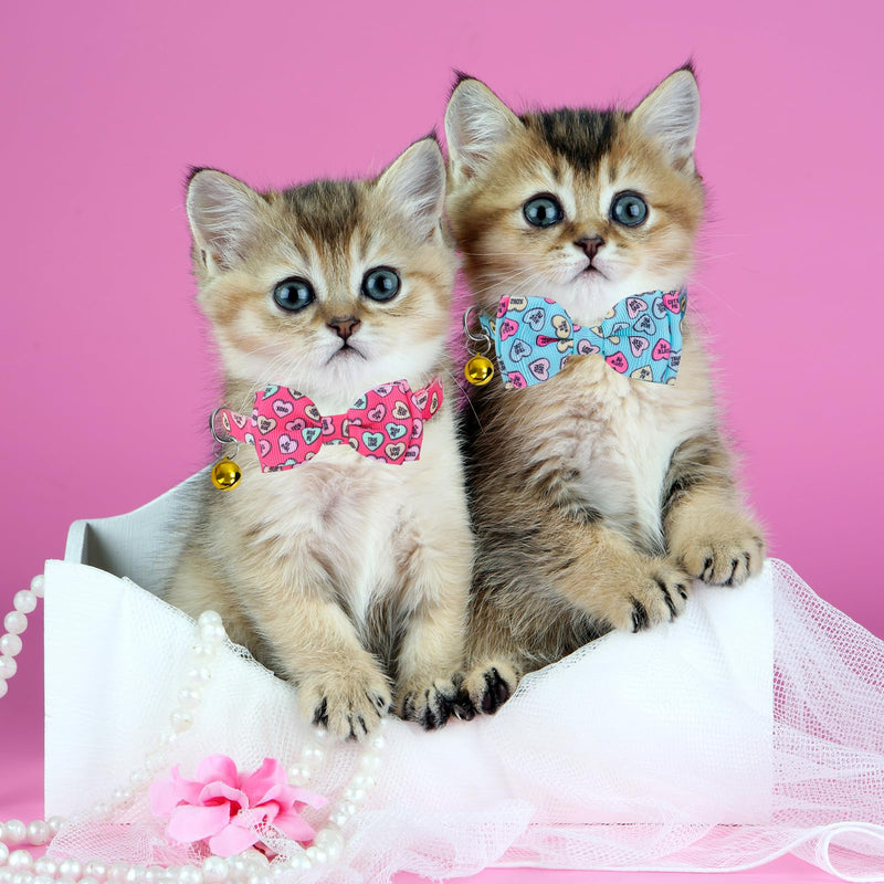 2Pcs Valentine's Day Cat Collar Conversation Heart Bowtie Collar with Breakaway Bell Blue Pink Adjustable Kitten Collar for Girl Boy Cat Small Pet - BeesActive Australia