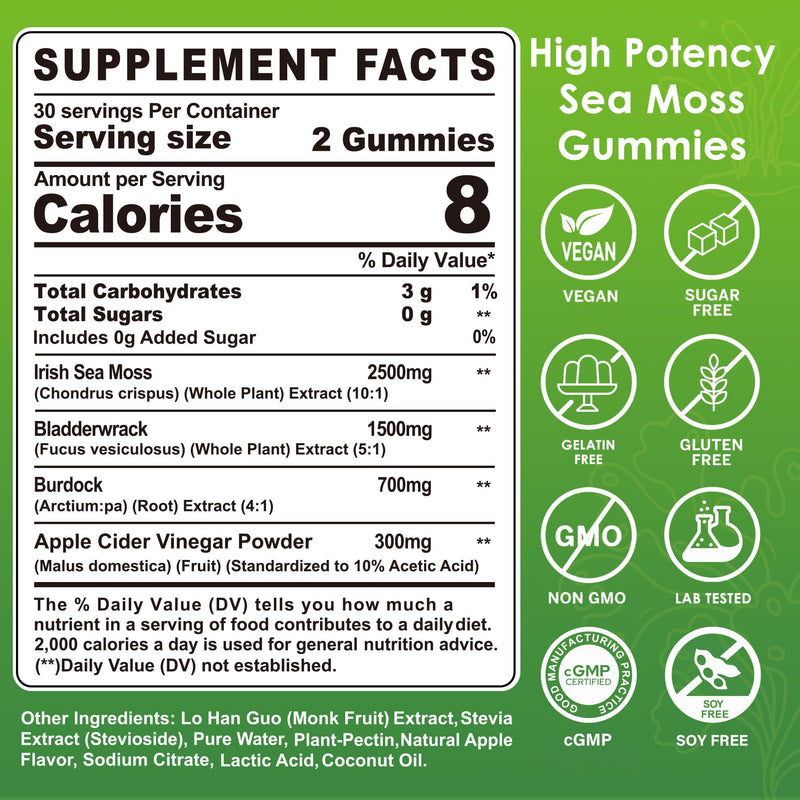(2 Pack) Sea Moss Gummies - Irish Sea Moss Gummies for Adults & Kids - Advanced Superfood Seamoss Supplement + Bladderwrack, Burdock Root Extract，ACV for Daily Immune, Gut Cleanse, Vegan, Sugar Free 60 Count (Pack of 2)