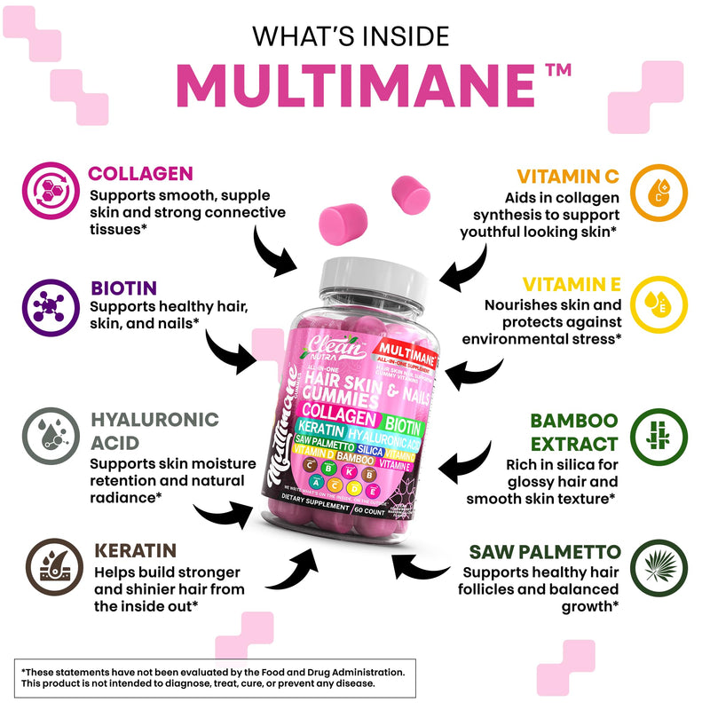 Clean Nutraceuticals Biotin Collagen Keratin Gummies | Hair Skin and Nails Vitamins for Women | Hyaluronic Acid Bamboo Vitamin A C D3 E Folate with Saw Palmetto Silica B3 B12 Vegan Gummy 3