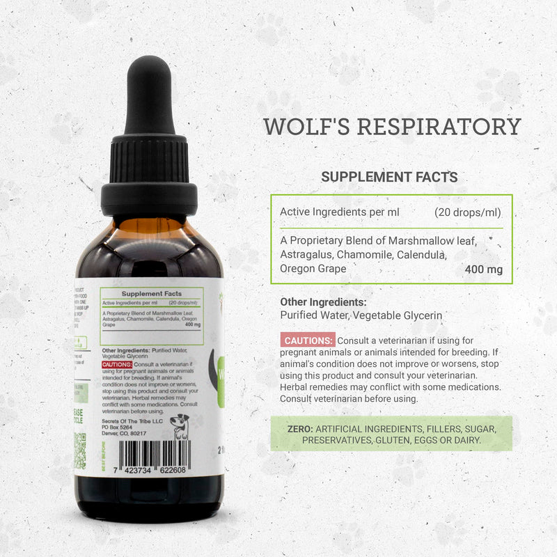 Wolf's Respiratory | Natural Herbal Dietary Supplement | Healthy Respiratory System Support in Dogs | Alcohol-Free Extract, Marshmallow Leaf, Astragalus, Chamomile, Calendula, Oregon Grape 2 oz - PawsPlanet Australia