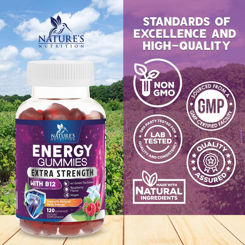 Energy Gummies - Vitamin B12 1000 mcg Per Serving - Daily Energy Chews with Natural Caffeine from Green Tea, Berry Flavored B12 Gummy Exercise Supplement for Running Cycling & Sports - 120 Gummies 120 Count (Pack of 1)