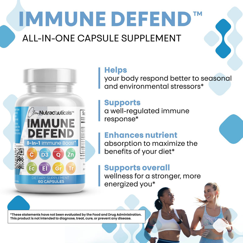 Immune Defense Support Supplement 8 in 1 w/ Zinc 50mg Quercetin, Vit C 1000mg, Vitamin D3 5000 IU, Elderberry, Turmeric Curcumin, Ginger, Echinacea - Immunity System Booster Adults Vegan - 60Ct (2) 2