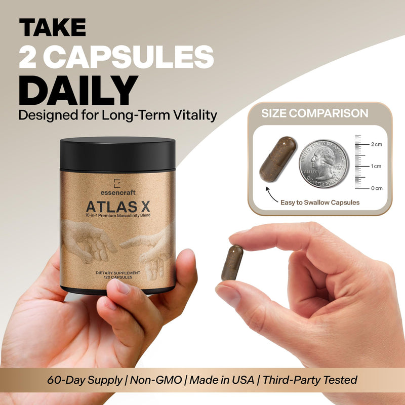 Essencraft Atlas X Testosterone Supplement for Men – 10-in-1 Natural Testosterone Booster & Muscle Booster w/Shilajit, Zinc, Tongkat Ali, & More (120 Capsules) 1
