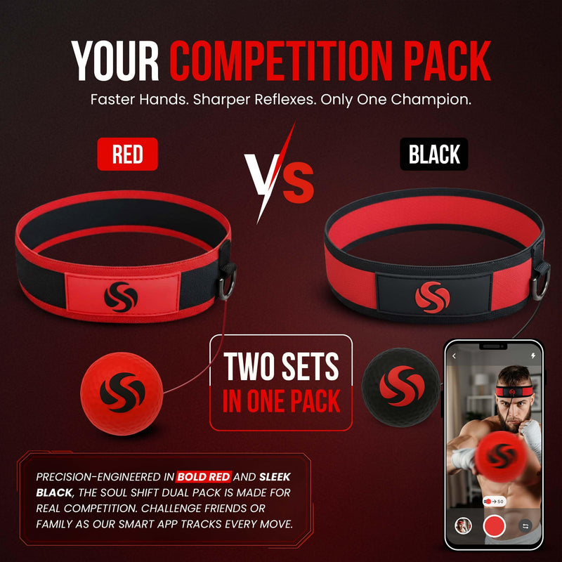 Soul Shift - Boxing Reflex Ball – Dual Competition Set | 2 Adjustable Headbands + 2 Training Balls + App Included | Speed, Agility & Hand-Eye Coordination for Adults & Kids | MMA Training Equipment App Edition (Competition Pack)