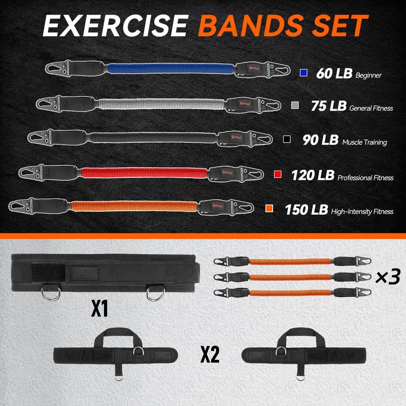 Vertical Jump Trainer Equipment Leg Bounce Trainer Device Speed and Agility Resistance Bands with Ankle Straps & Belt Leg Extension Machine for Boxing Basketball Football Tennis Fencing Training Orange Sets-150pounds