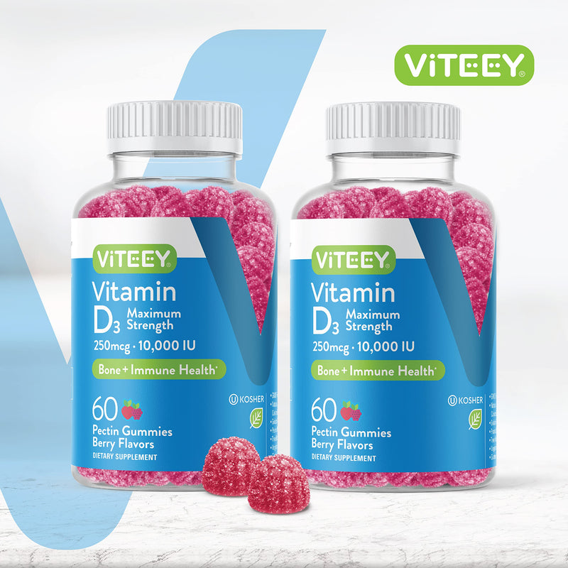 Viteey Vitamin D3 Gummies for Adults & Teens - 10,000 IU, 250mcg | Maximum Strength - Joint & Muscle Health, Immune Boost - Chewable Vitamin D Gummies - Vegetarian, Gelatin Free - 120 Count 60 Count (Pack of 2)