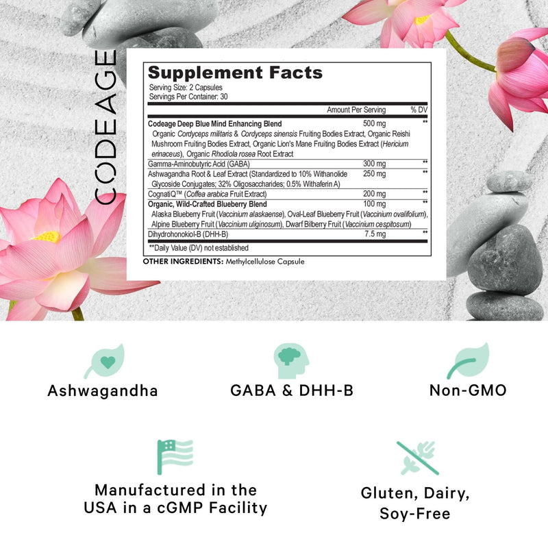 Codeage Meditate Vitamins+, CognatiQ, Ashwagandha, GABA, 60 Capsules | Meditate supplement with adapatogens, CognatiQ, GABA, ashwagandha, mushrooms and wild blueberry. Vegan, gluten-free, non-GMO.