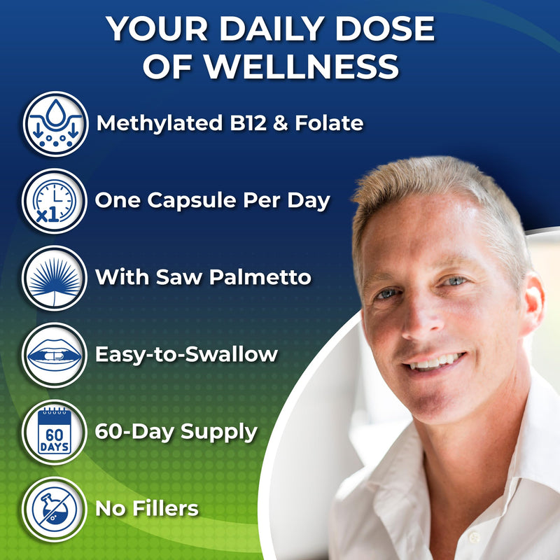 Vegan Methylated Multivitamin for Men 50 and Over - Saw Palmetto & Lutein | Men's Daily Multivitamin 50 Plus - Eye, Energy & Digestive Support, Organic Superfoods, Biotin, Easy-to-Swallow Capsules 60 Count (Pack of 1) Men's 50+ Multivitamin