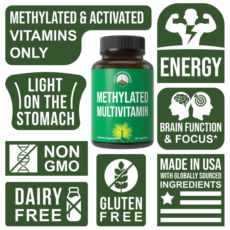 Peak Performance Methylated Multivitamin B Complex Capsules Supplement | Trimethylglycine (TMG), L Methylfolate, Methyl B12 + B1 + B2 + B6 Vitamins + Choline. MTHFR Vegan Supplement for Women & Men